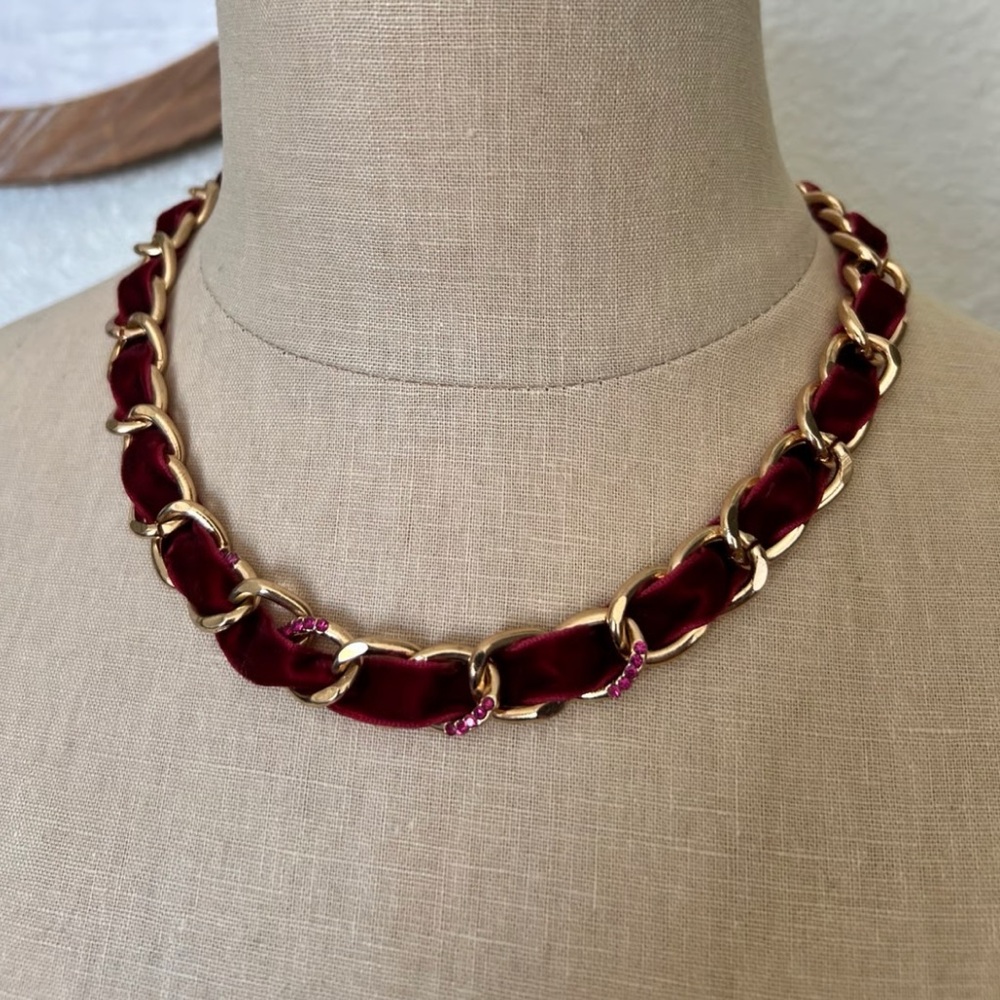 A New Day Gold Chain Necklace with Burgundy Velvet Ribbon